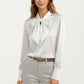 Satin Bow Neck Blouse with Long Puff Sleeves and Wide Cuffs