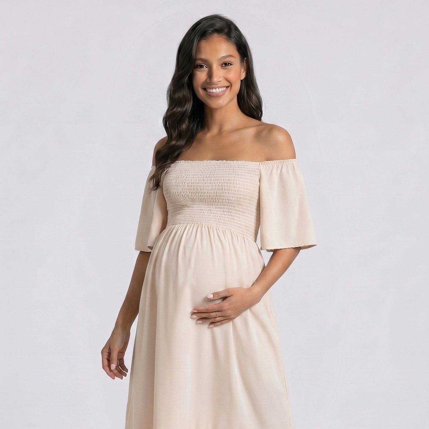 Maternity Off Shoulder Smocked Maxi Dress with Short Sleeves and Flowy Skirt