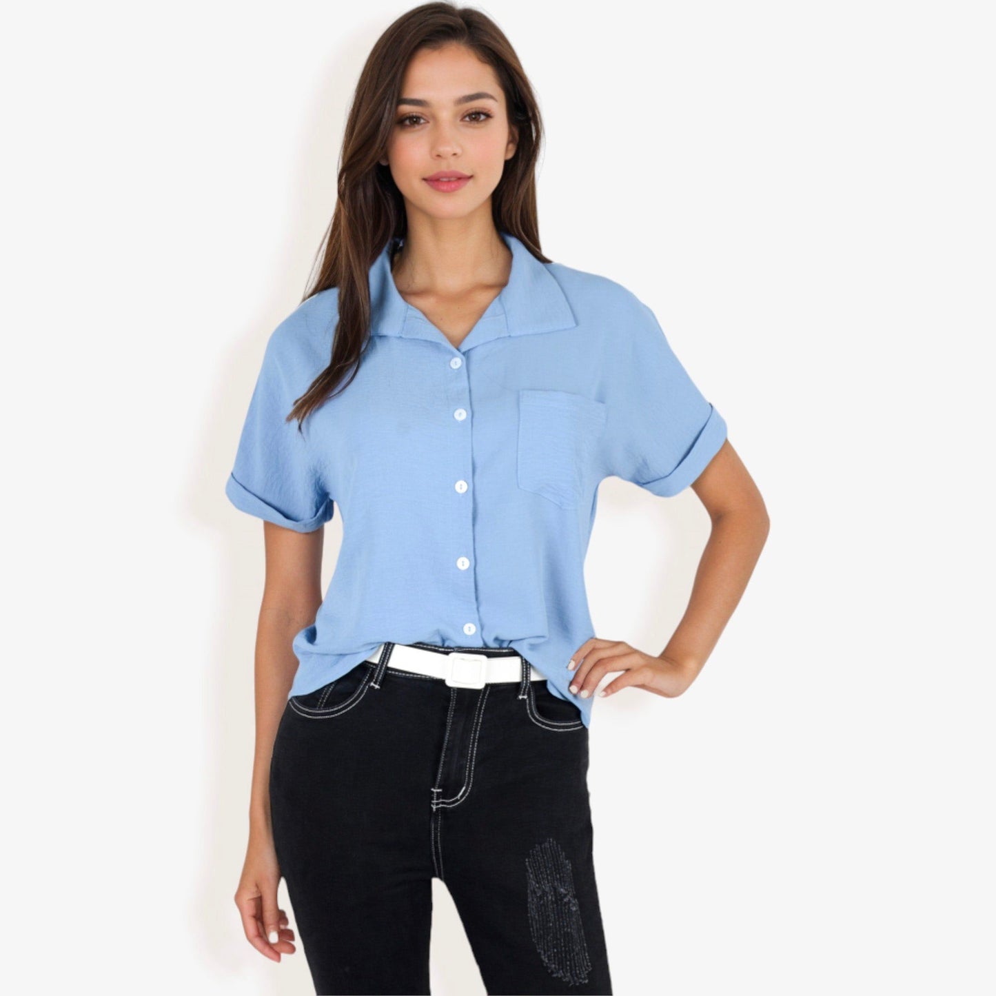 Short Sleeve Button Down Shirt Front Pocket Notched Collar