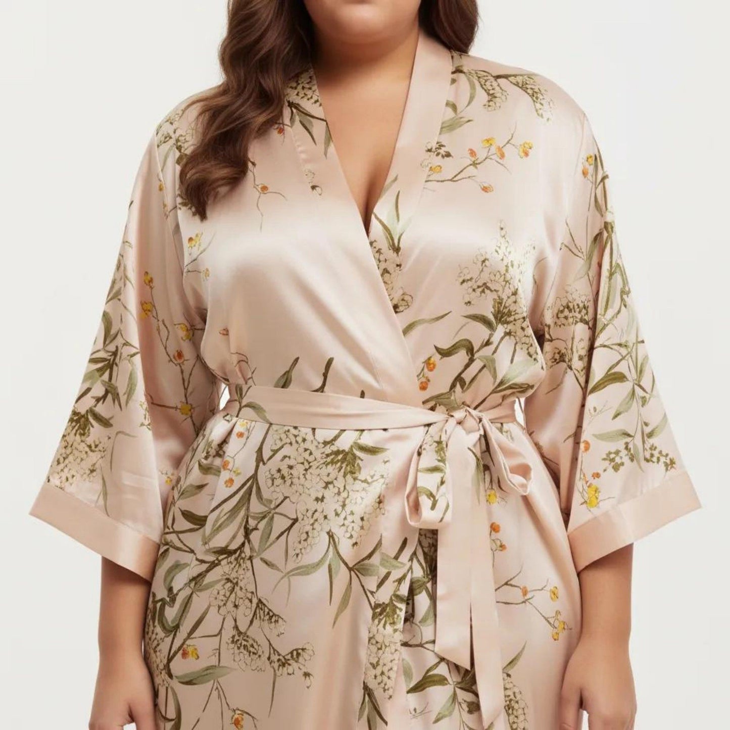 Plus Size Satin Floral Kimono Robe with Self Tie Belt Longline Open Front Lightweight Sleepwear