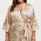Plus Size Satin Floral Kimono Robe with Self Tie Belt Longline Open Front Lightweight Sleepwear
