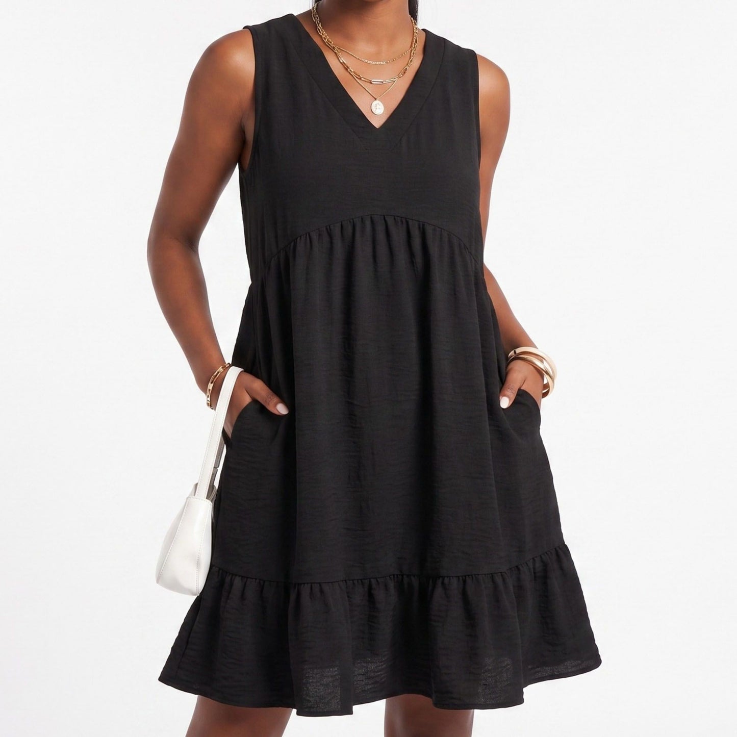 Sleeveless V-Neck Babydoll Ruffle Hem Dress with Pockets