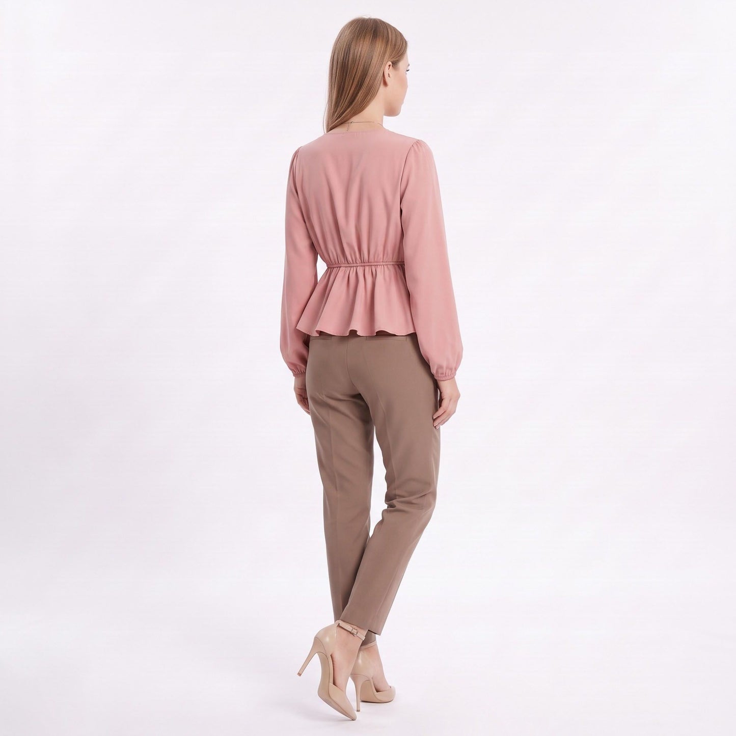 V Neck Long Sleeve Peplum Blouse Elastic Waist Casual Dressy Top