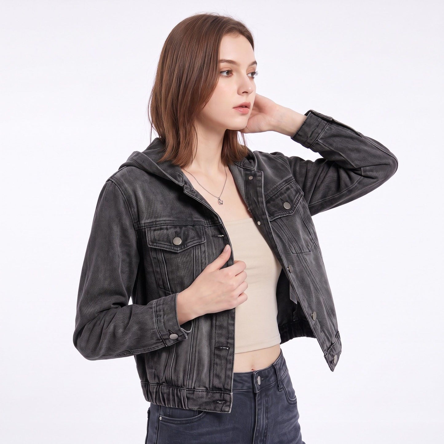 Hooded Denim Jacket Button Front Washed Casual Jean Jacket With Pockets