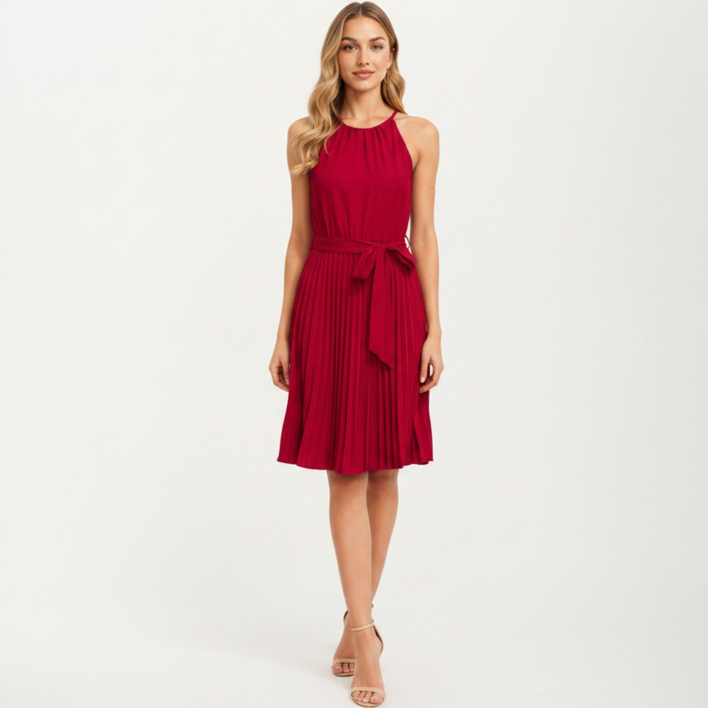Sleeveless Halter Midi Dress with Pleated Skirt and Waist Tie