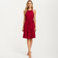 Sleeveless Halter Midi Dress with Pleated Skirt and Waist Tie