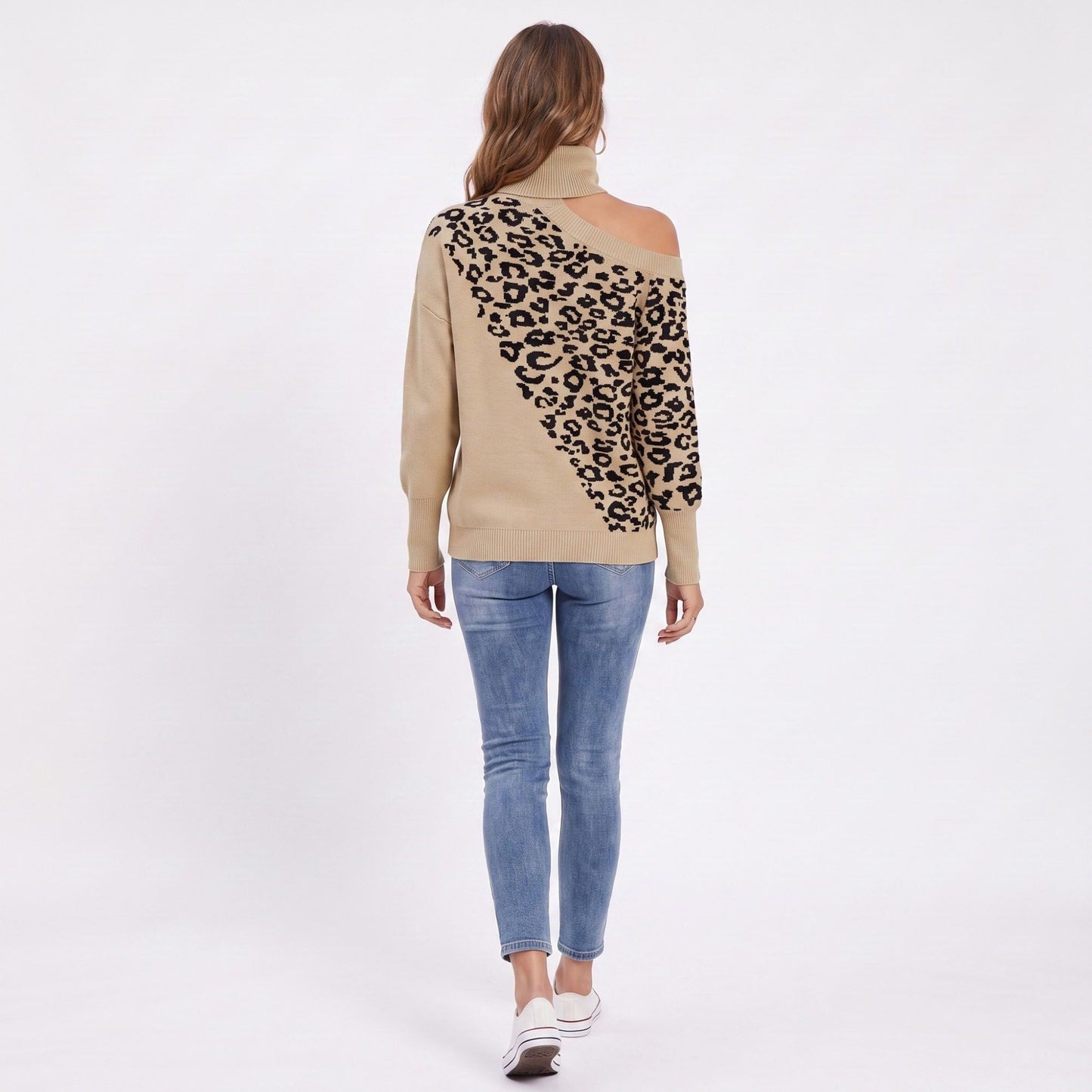 Leopard Print Cold Shoulder Turtleneck Sweater