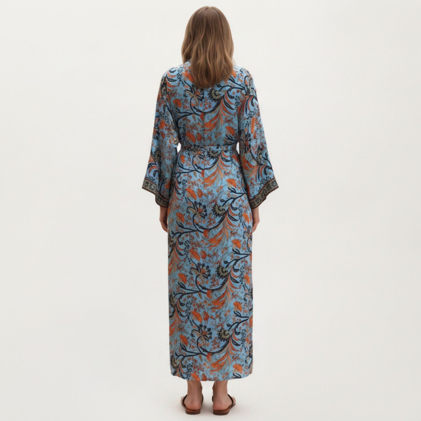 Floral Paisley Maxi Dress with Long Sleeves Adjustable Waist Tie and Flowing Relaxed Fit