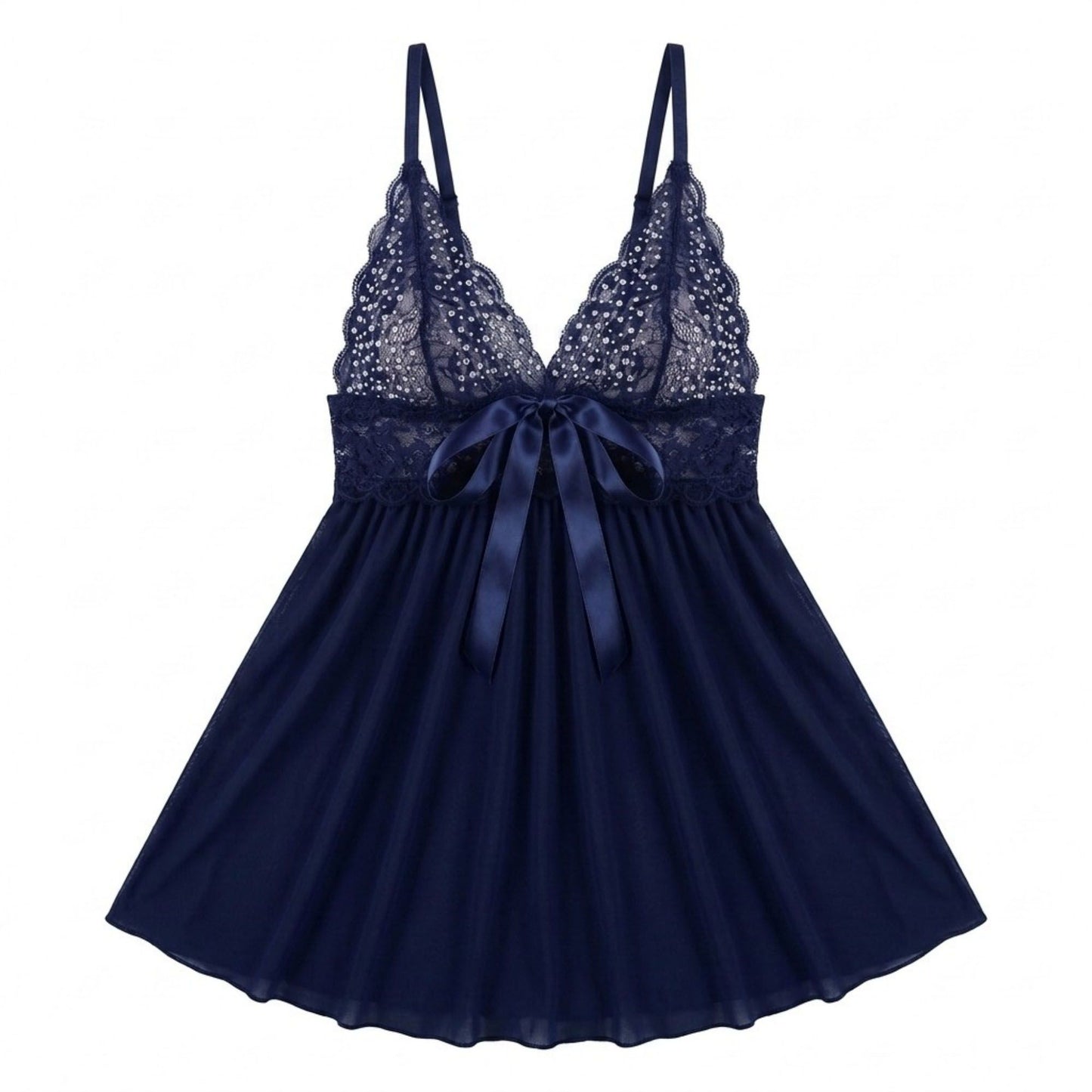 Lace Babydoll Chemise with V Neck Ribbon Bow and Flowy Skirt