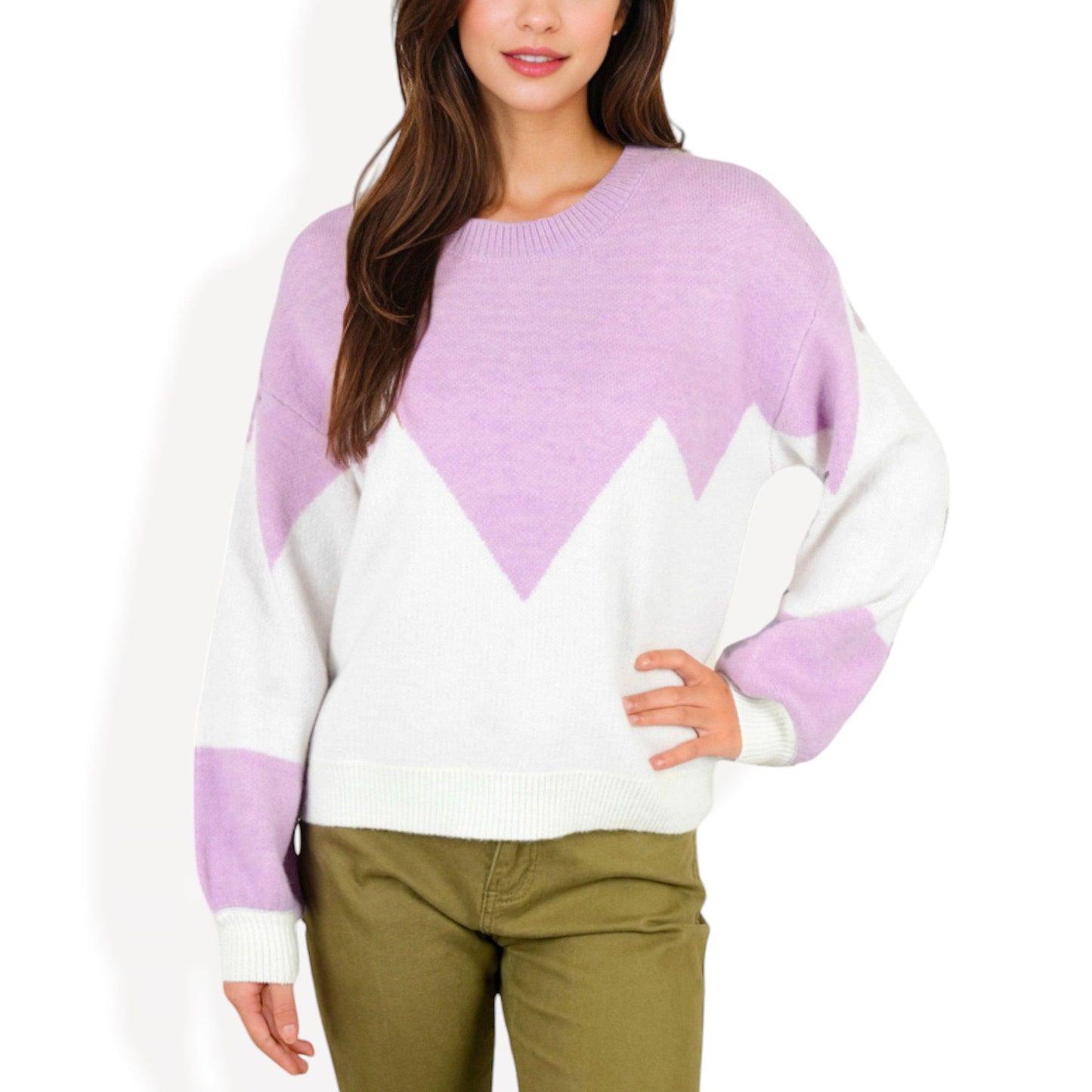 Zigzag Color Block Sweater with Long Sleeves and Crew Neck