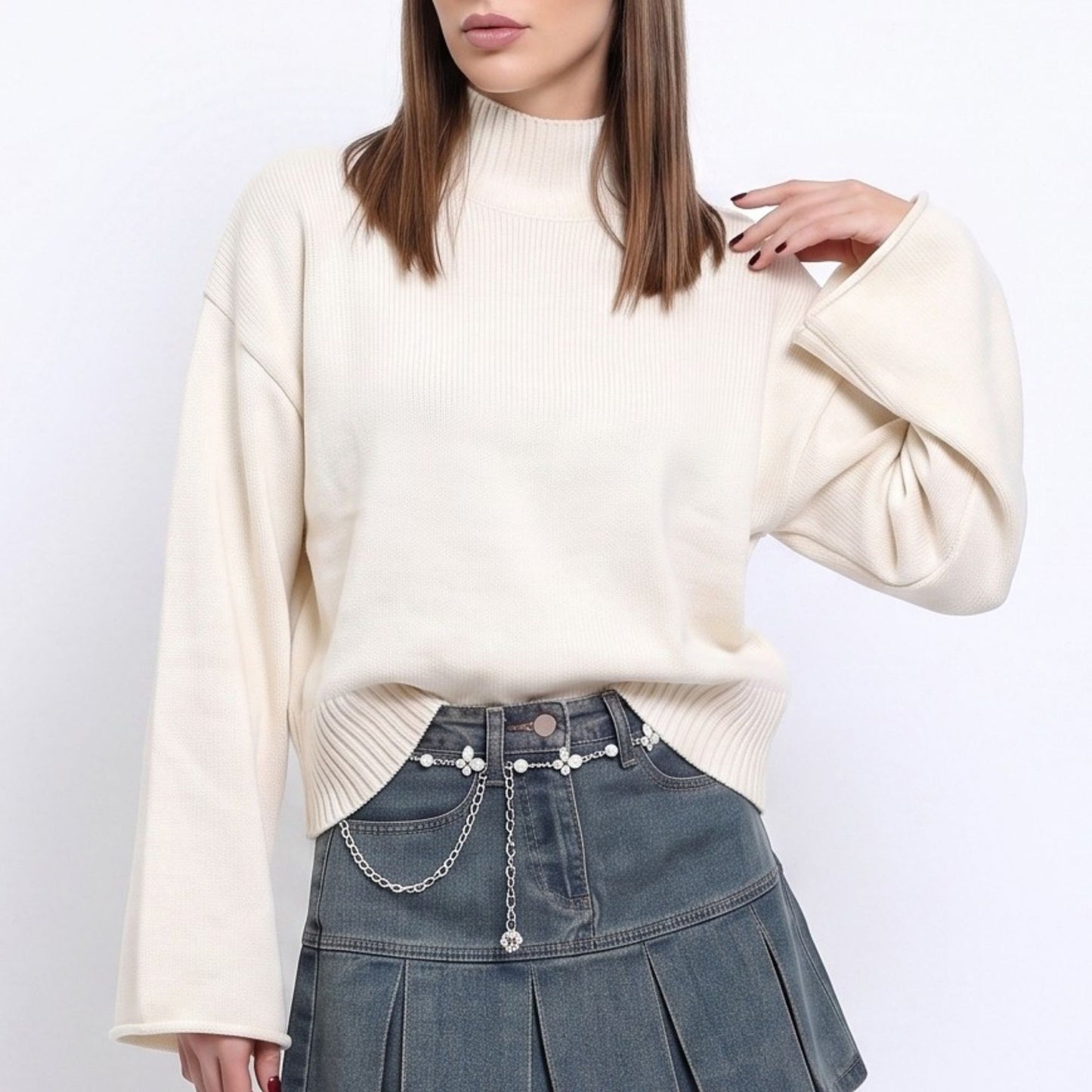 Turtleneck Bell Sleeve Relaxed Fit Knit Sweater