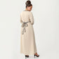 Plus Size Long Sleeve Button Front Maxi Dress with V Neckline Contrast Trim and Defined Waist Detail