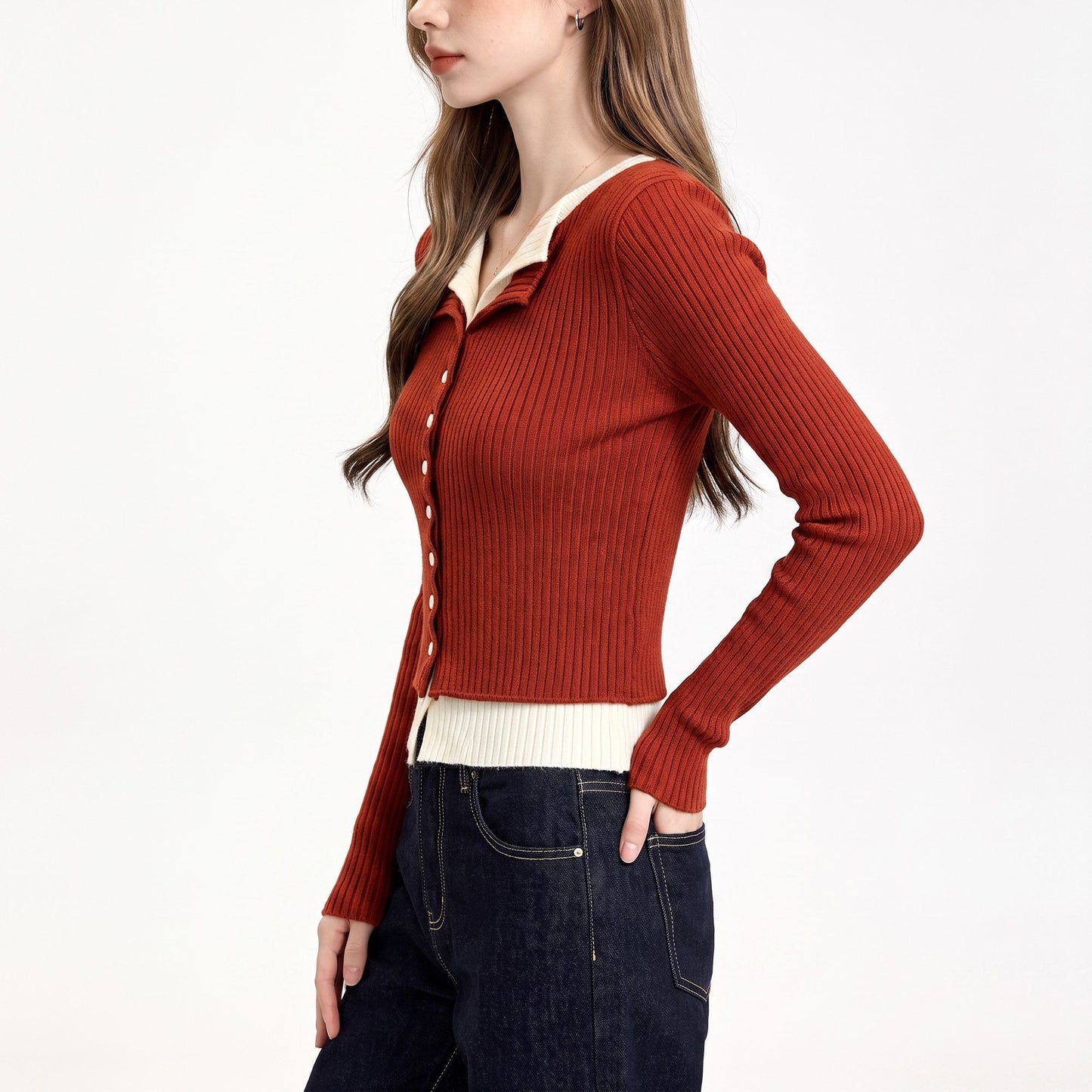 Layered Collar Ribbed Button-Front Cardigan Sweater