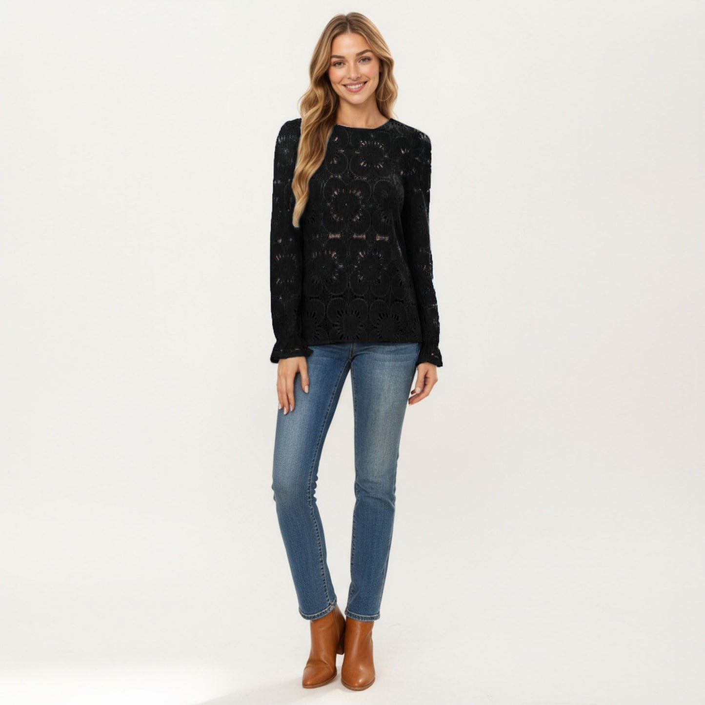 Floral Lace Long Sleeve Top with Intricate Openwork Pattern Soft Textured Fabric and Ruffled Cuff Detailing