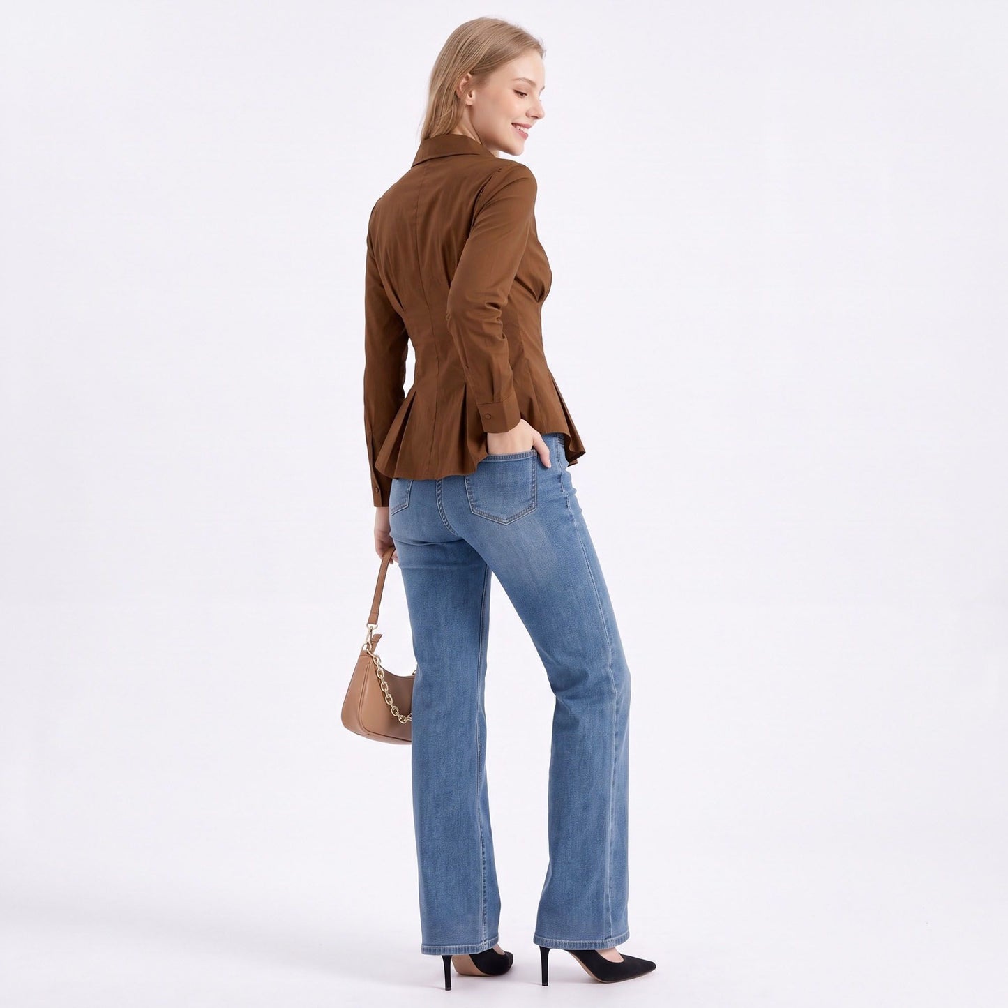 Long Sleeve Button Down Peplum Shirt with Collared Neckline