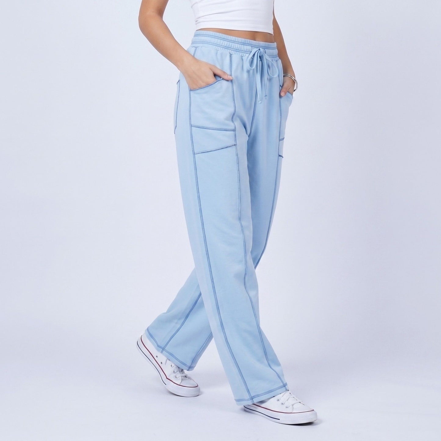 High Rise Drawstring Wide Leg Utility Pants with Patch Pockets