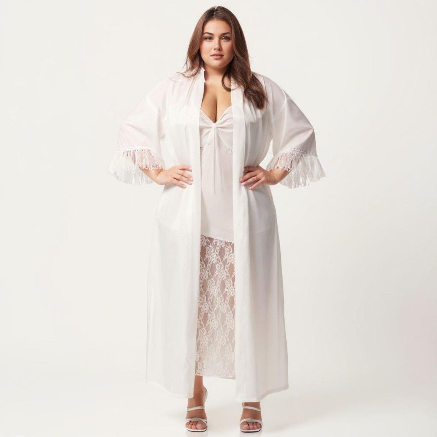 Plus Size Long Sheer Lace Panel Robe Open Front Lightweight Sleepwear