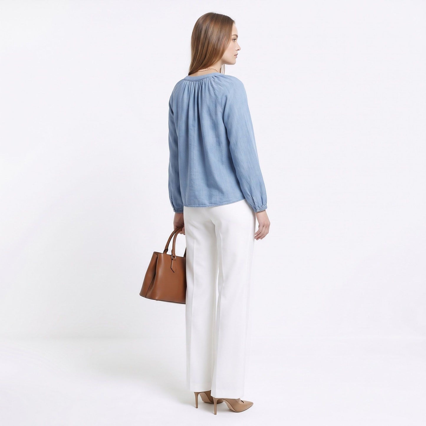 Chambray Blouse Split Neck Button Front Long Sleeve Relaxed Fit Top