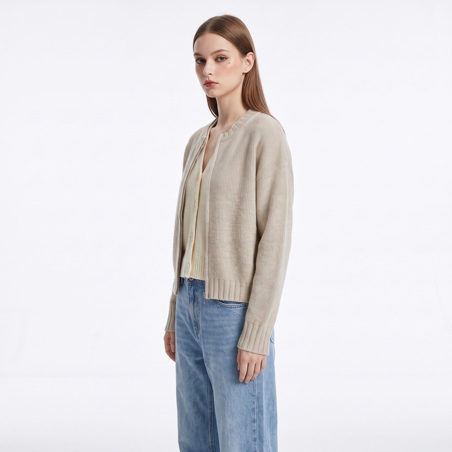 Rib Knit Full Zip Crewneck Cardigan Sweater