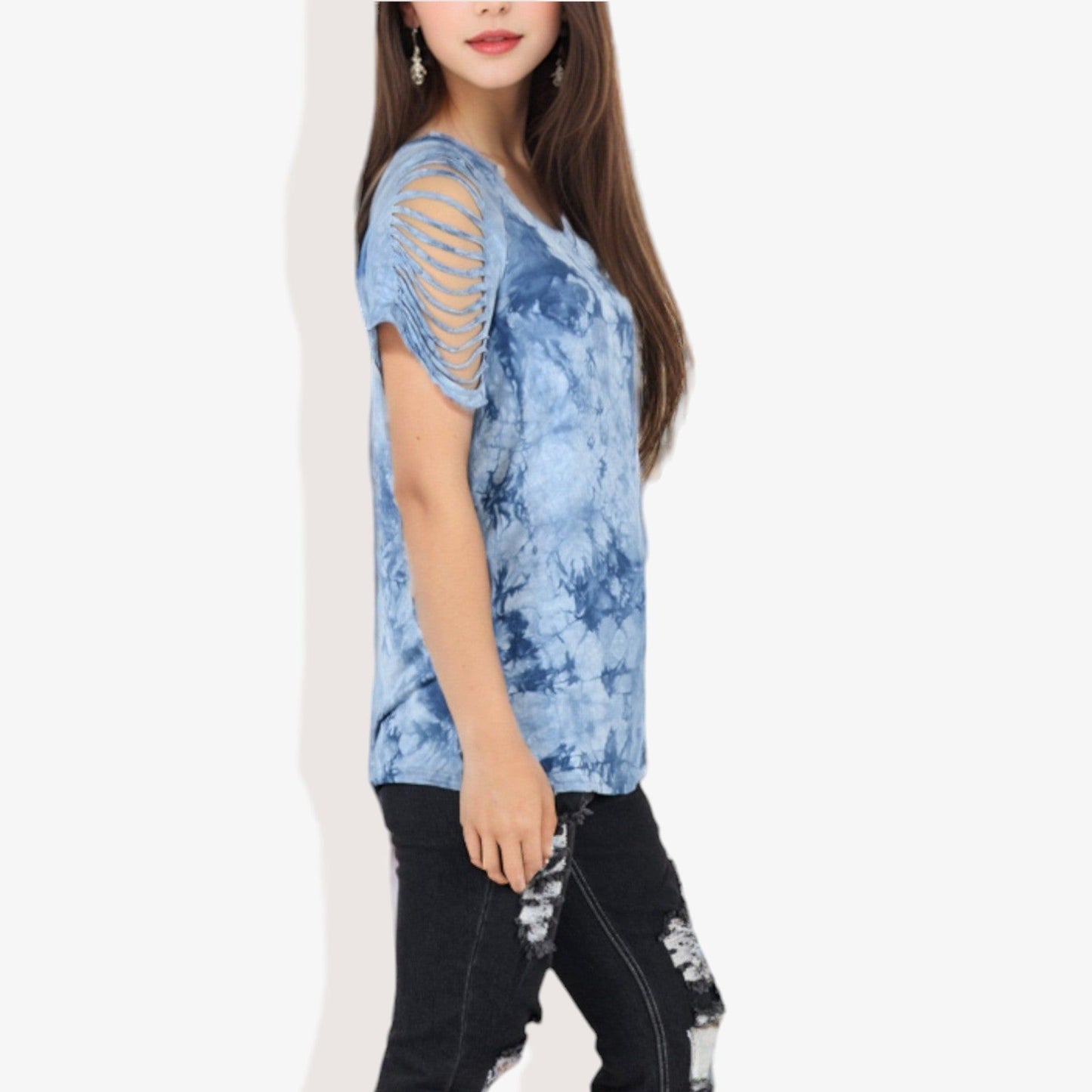 Short Sleeve Tie-Dye Top with Cut-Out Shoulder