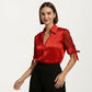 Satin Collared Blouse with Sheer Stripe Sleeves and Bow Tie Cuffs