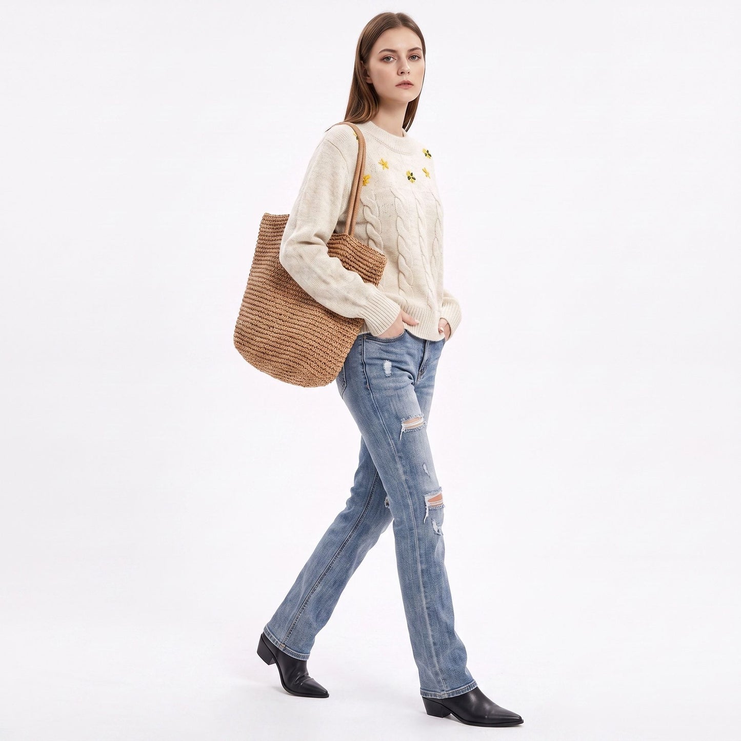 Floral Embroidered Cable Knit Crewneck Sweater