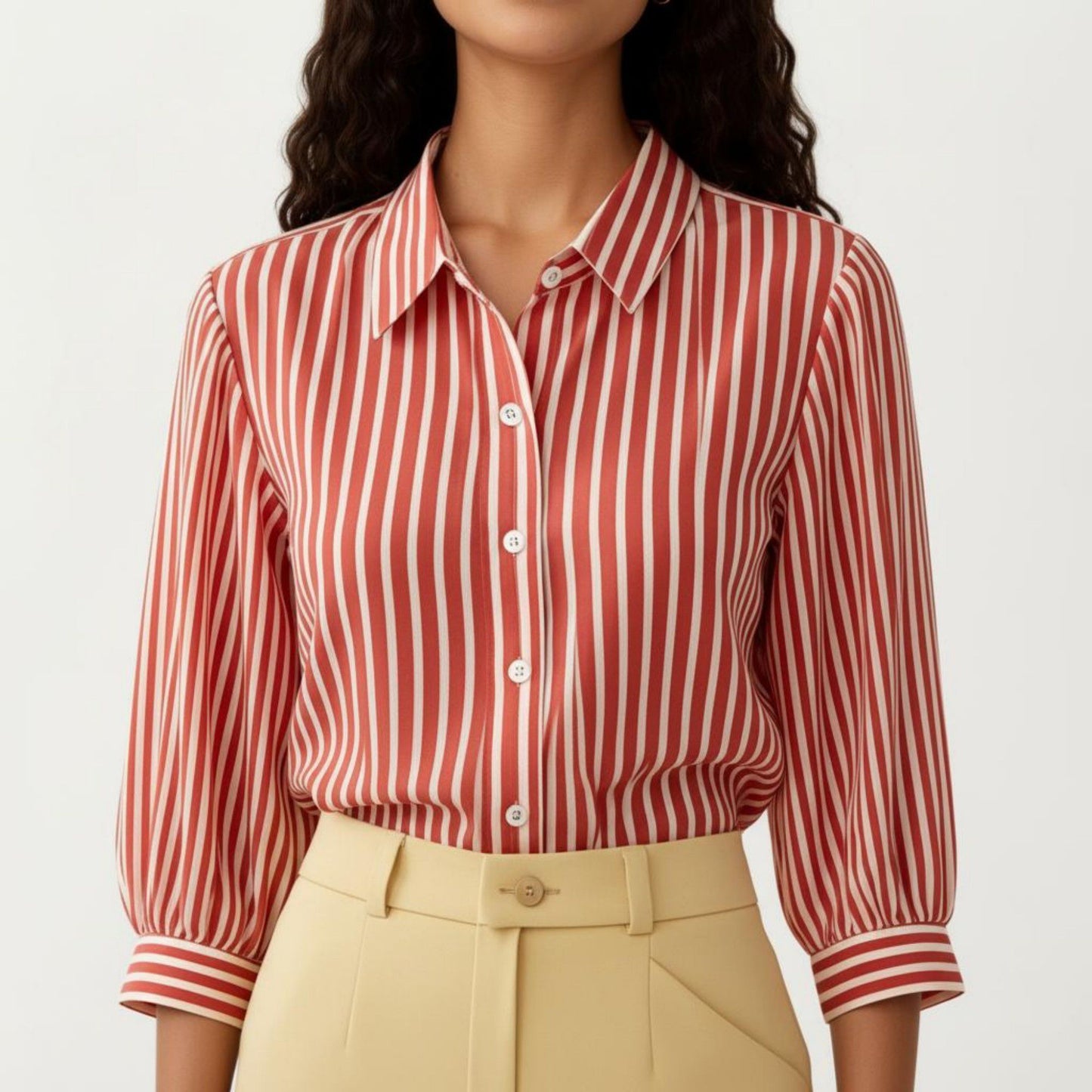 Striped Button Down Blouse with Collared Neckline and Puff Sleeves