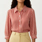 Striped Button Down Blouse with Collared Neckline and Puff Sleeves