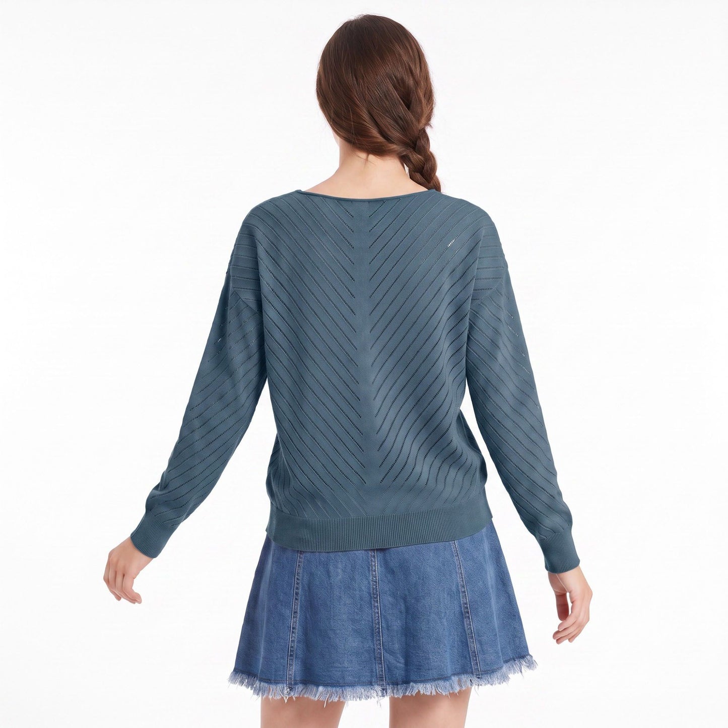 V-Neck Chevron Pointelle Knit Long Sleeve Sweater