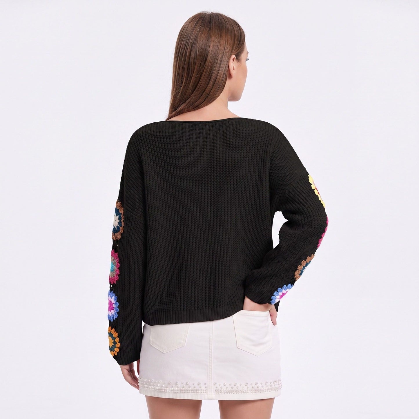 Crochet Floral Sleeve Knit Pullover Sweater with Long Sleeves