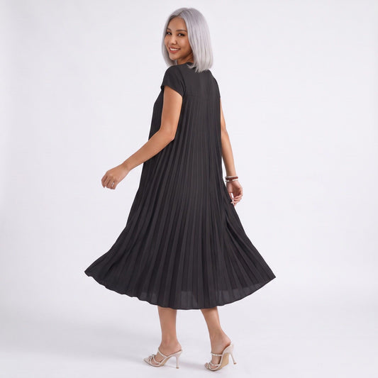 Crew Neck Short Sleeve Accordion Pleated Midi Dress