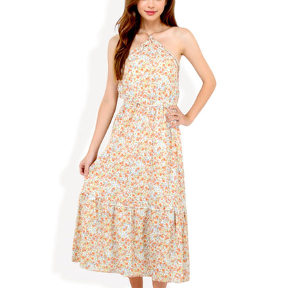 Halter Neck Floral Print Tiered Midi Dress Elastic Waist