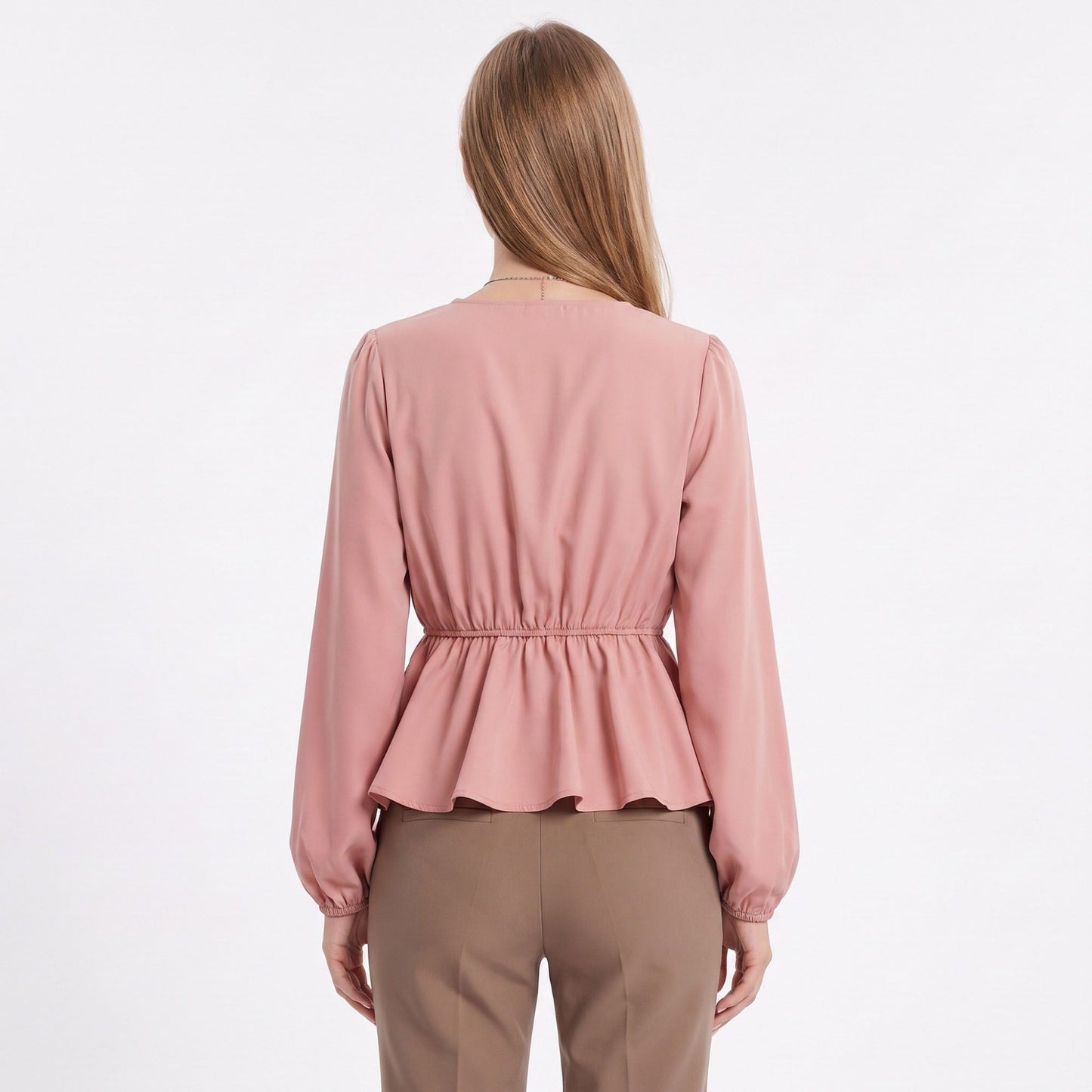 V Neck Long Sleeve Peplum Blouse Elastic Waist Casual Dressy Top