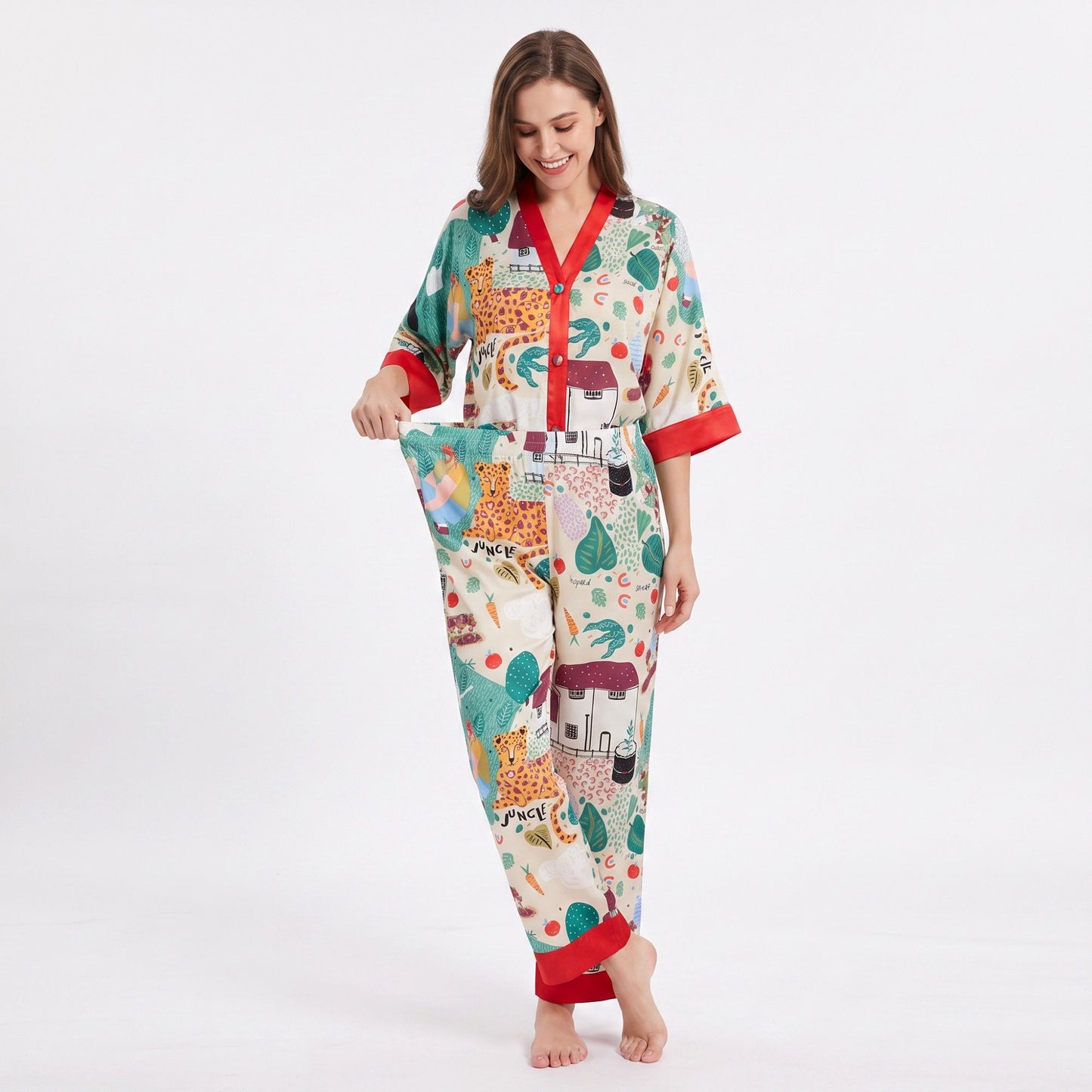 2-Piece Printed Pajama Set Button Front Short Sleeve Sleep Shirt and Long Pants