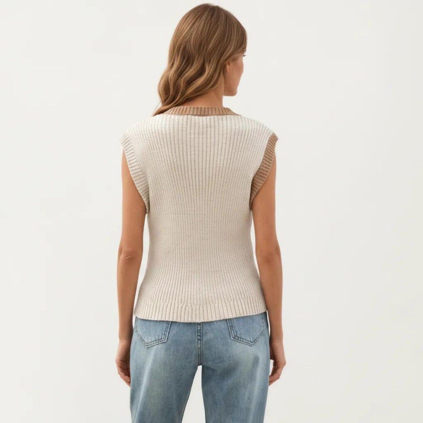 Sleeveless Colorblock Knit Vest with Button Front and Ribbed Trim