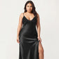 Plus Size Satin Chemise Nightgown with Lace Trim Neckline Adjustable Straps Side Slit Slip Dress