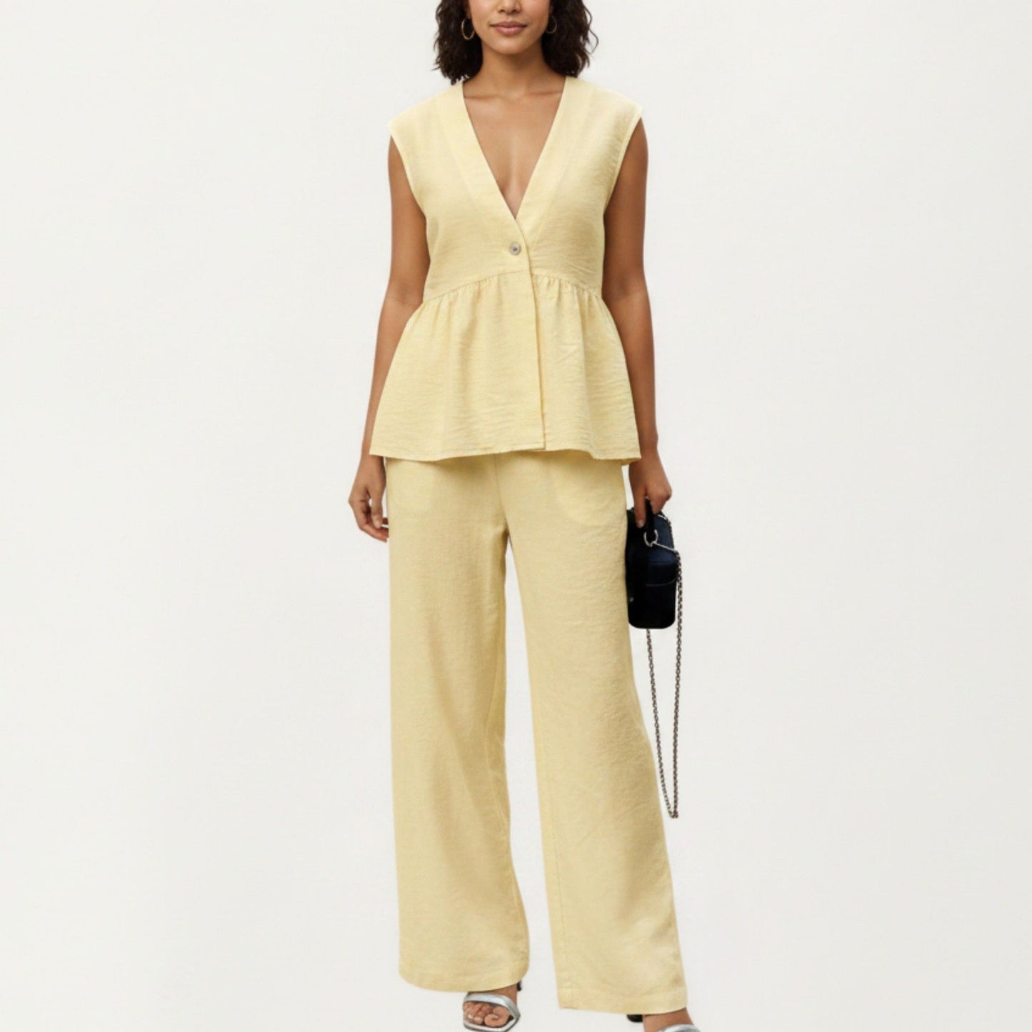 2-Piece Sleeveless V-Neck Peplum Top and Wide Leg Pant Set