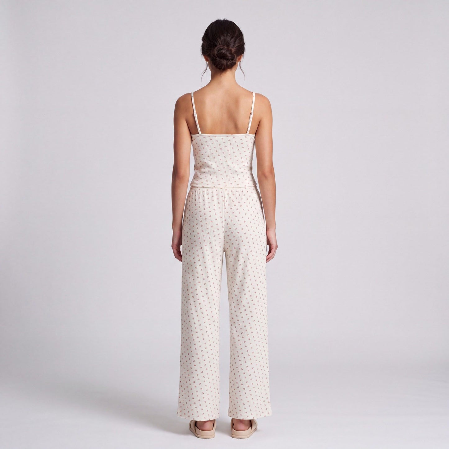 2-Piece Set Waffle Knit Ditsy Floral Camisole with Adjustable Straps and Relaxed Wide Leg Lounge Pants