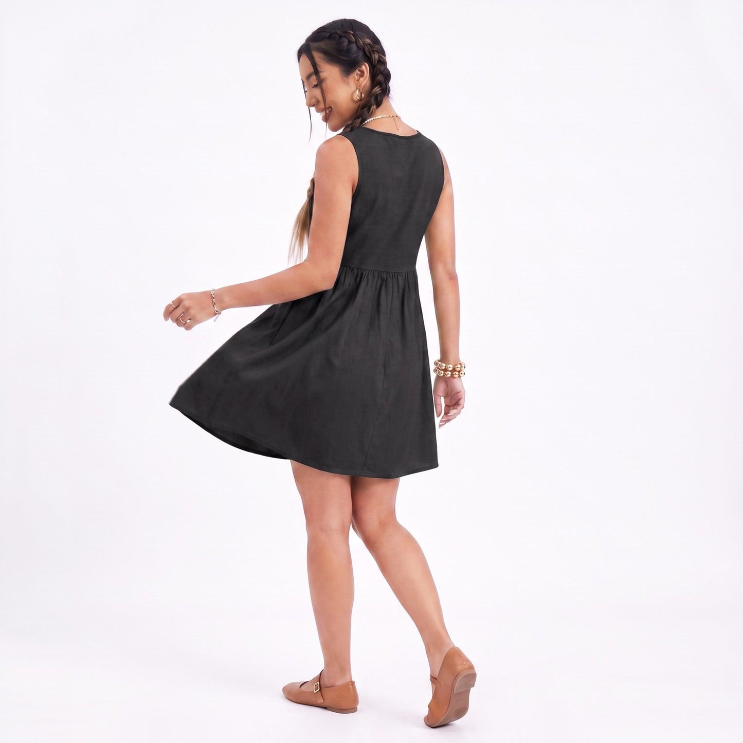 Button Front Mini Dress Sleeveless Babydoll A Line Dress