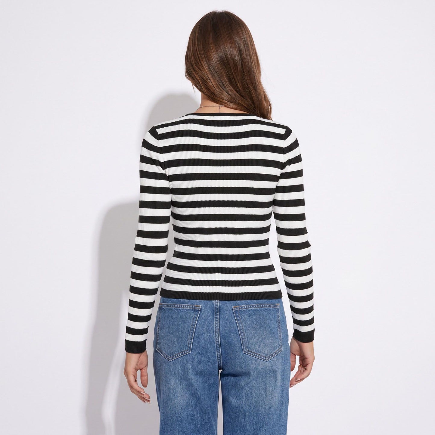 Striped Rib Knit Crewneck Long Sleeve Pullover Sweater