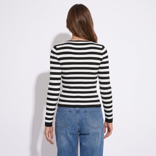 Striped Rib Knit Crewneck Long Sleeve Pullover Sweater