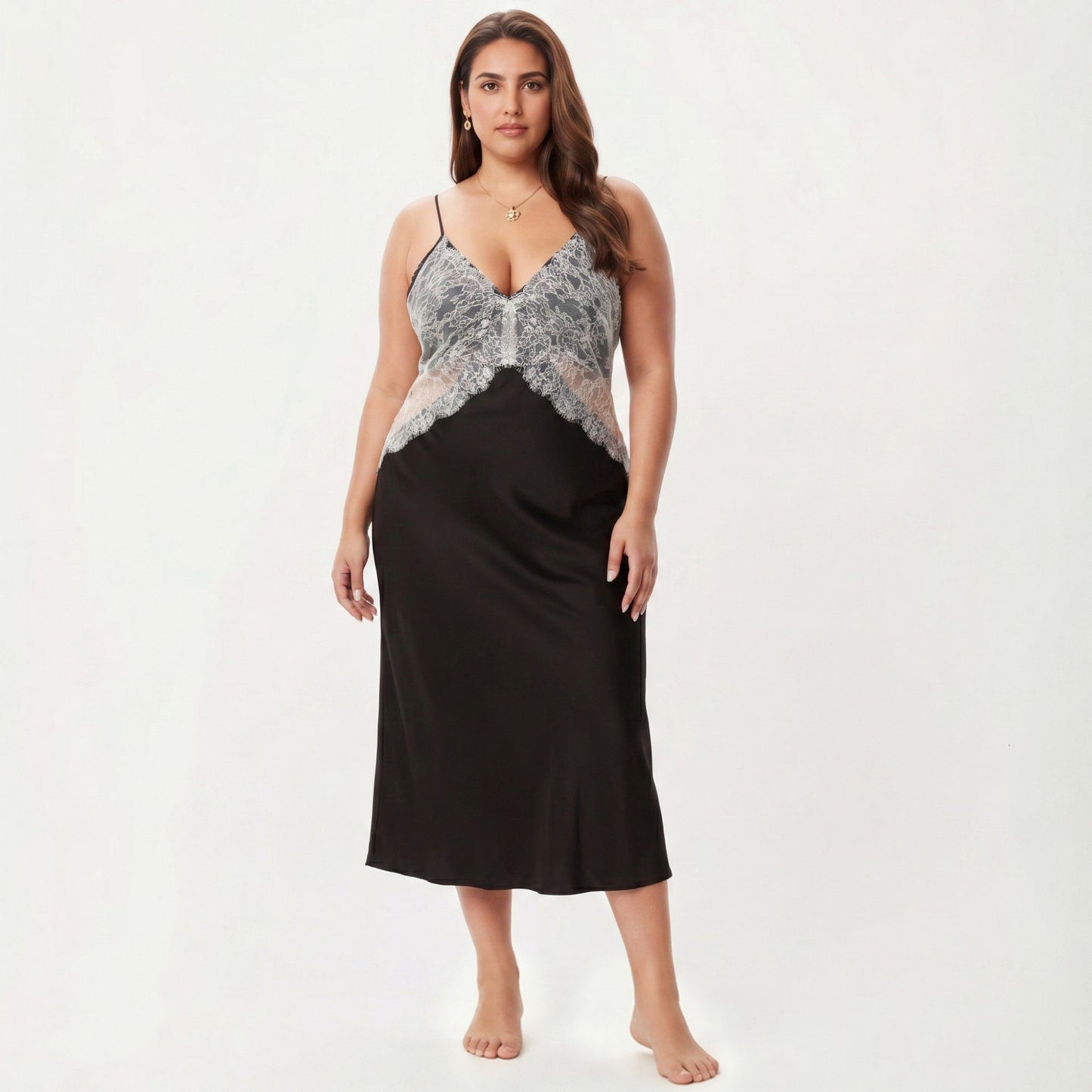 Plus Size Long Satin Chemise Lace Panel Nightgown Adjustable Strap Slip Sleep Dress