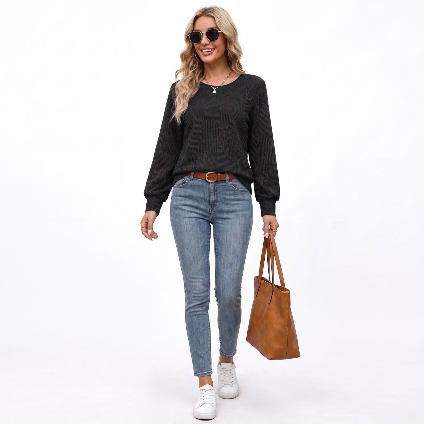 Textured Long Sleeve Crew Neck Pullover Top