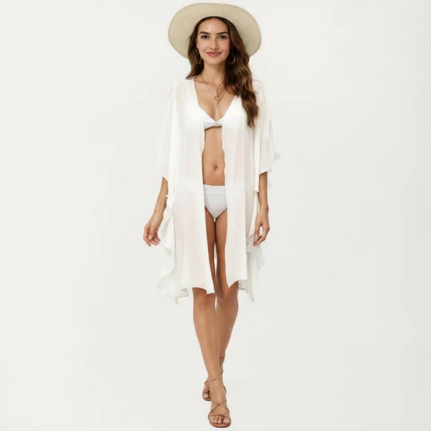 Open Front Swim Cover Up Kimono with Ruffle Sleeves Lightweight Beach Cardigan