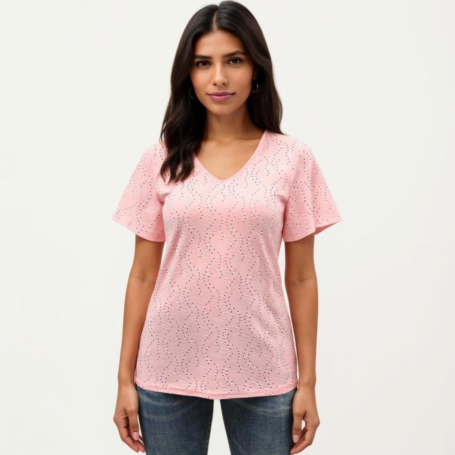 Short Sleeve Eyelet V-Neck Top with Floral Embroidery and Flutter Sleeves