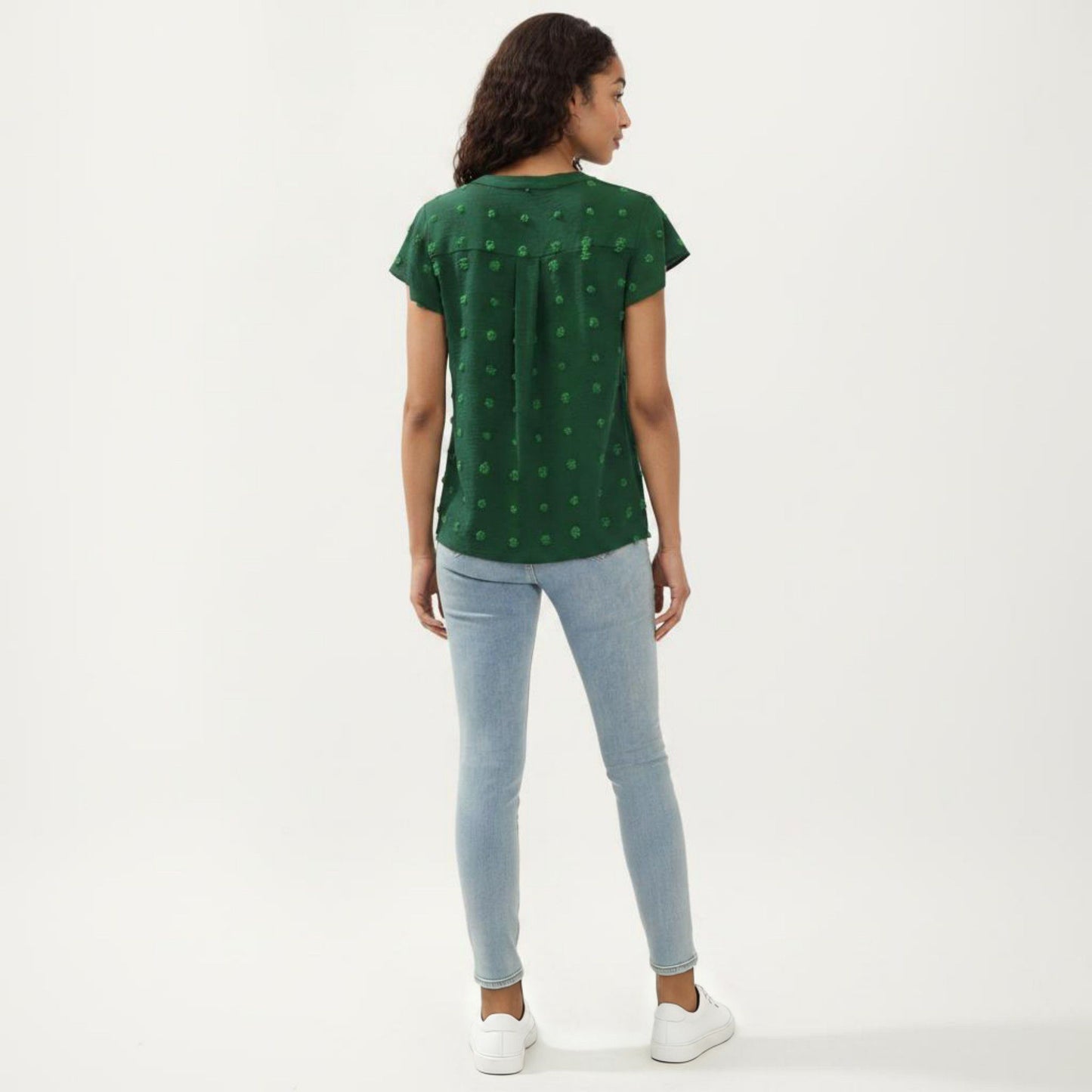 Short Sleeve Swiss Dot Top with Split Neckline and Soft Textured Fabric