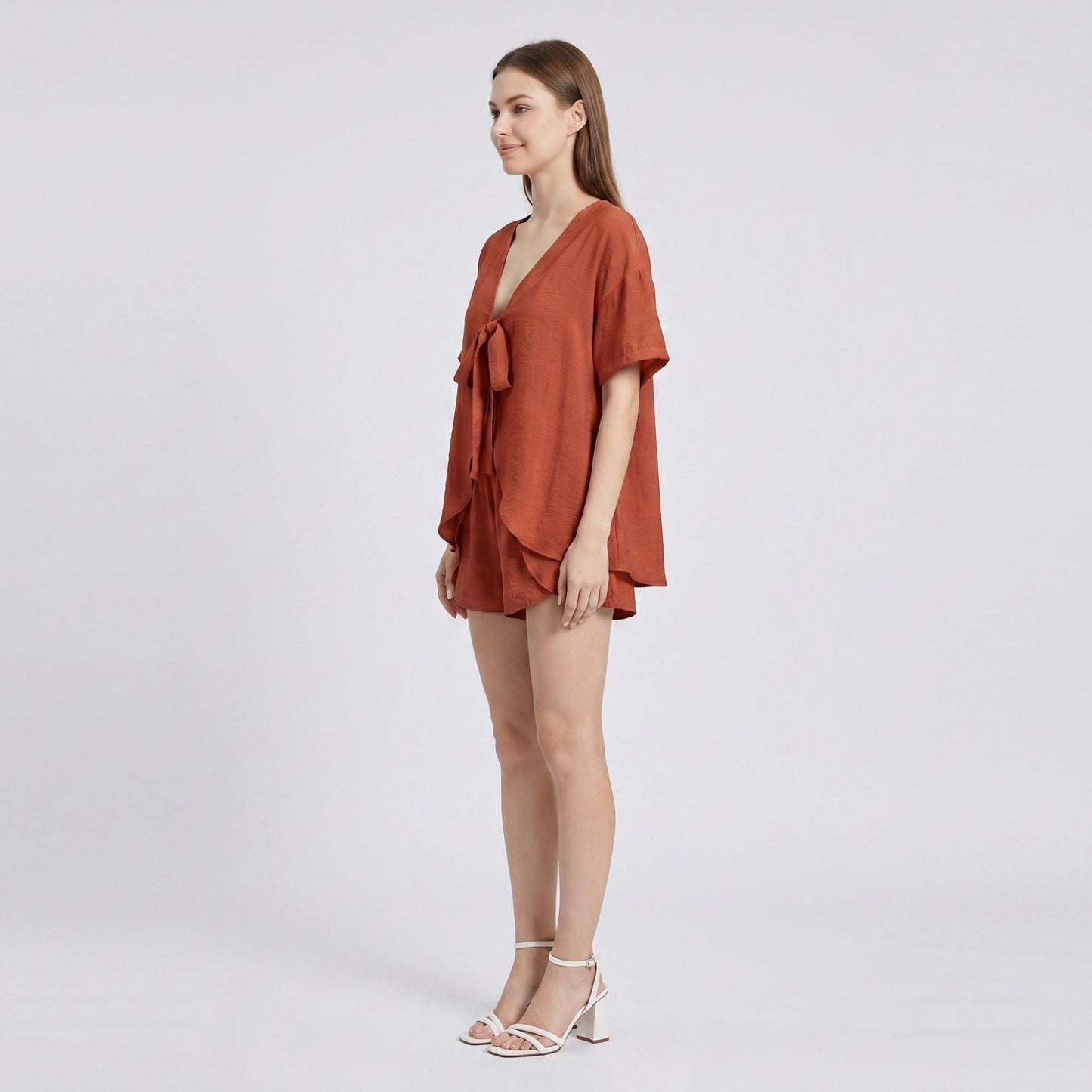 2-Piece Summer Lounge Set with Tie-Front V-Neck Top Short Sleeves and Curved Hem Shorts