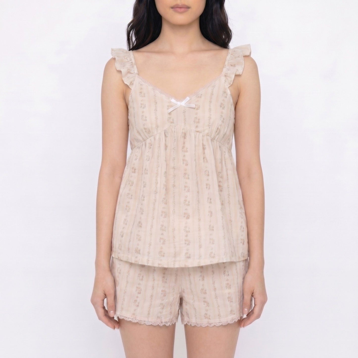 2-Piece Striped Ruffle Strap Cami Top and Shorts Sleepwear Lounge Set with Lace Trim and Relaxed Flowy Fit