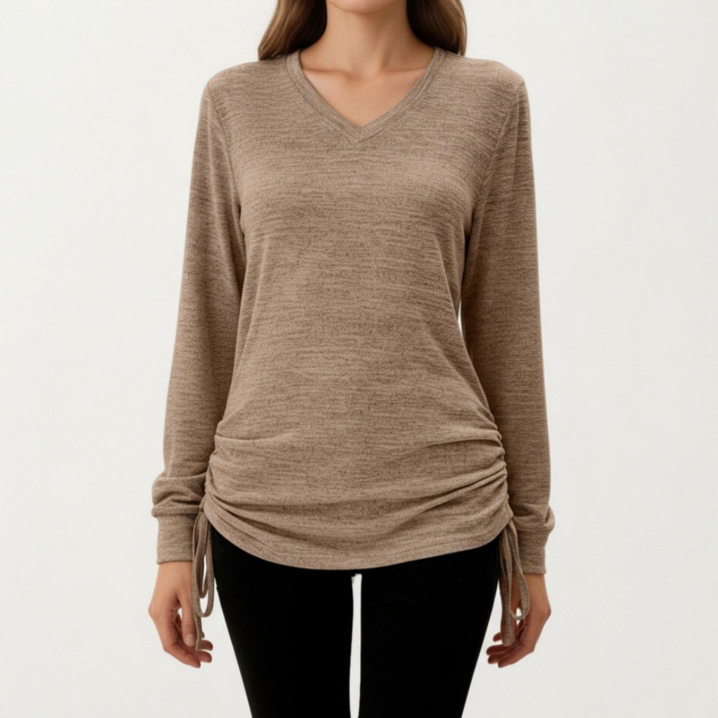 Long Sleeve V-Neck Top with Side Drawstring Ruched Hem
