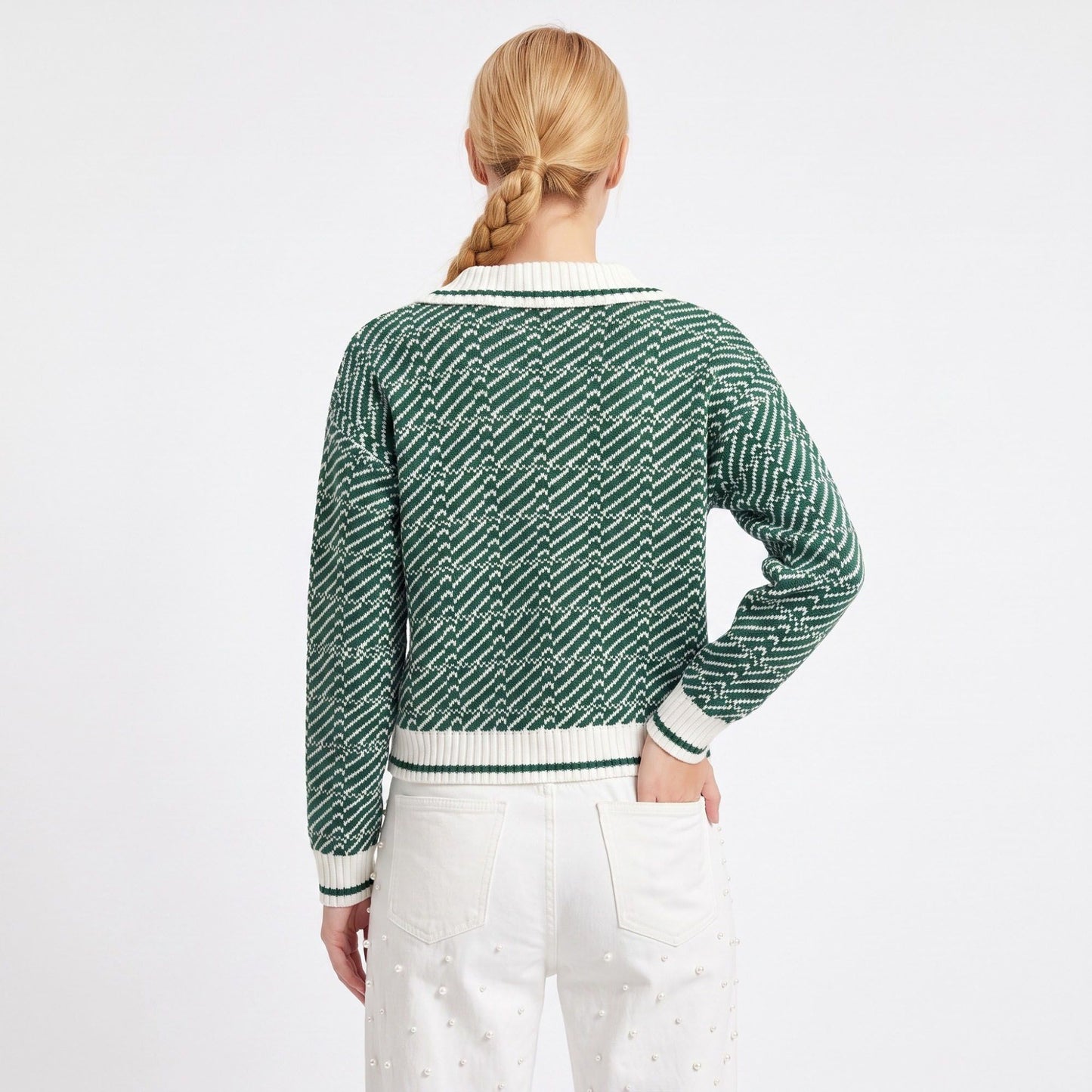 Geometric Knit Polo Collar Long Sleeve Sweater